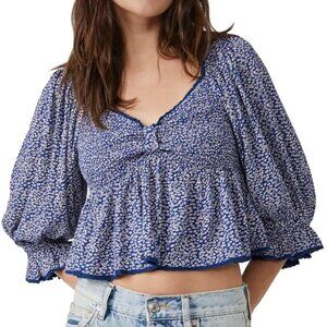 Free People Brittnee Print Smocked Back Peplum Top in Blue Combo